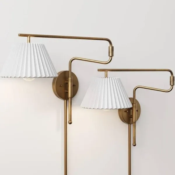 Nathan James Kai Modern Wall Mounted Plugin Bedside Reading Lamp with Pleated Shade, Vintaged Brass Finish