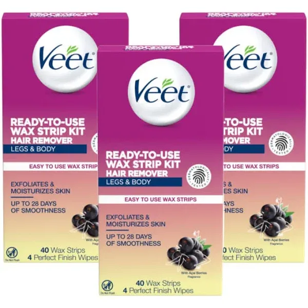 Veet Leg and Body Hair Remover Cold Wax Strips, 40 ct (Pack of 3)