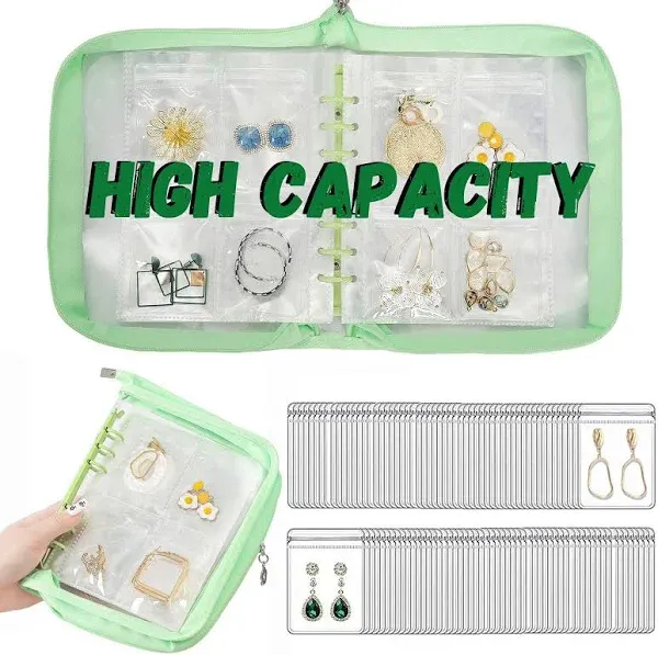 High Capacity Jewelry Organizer Travel Earring Organizer Case Transparent Jewelry Storage Book for Accesorios, Earring, Necklace, Ring, With pvc Jewelry Pouches Zipper Bags