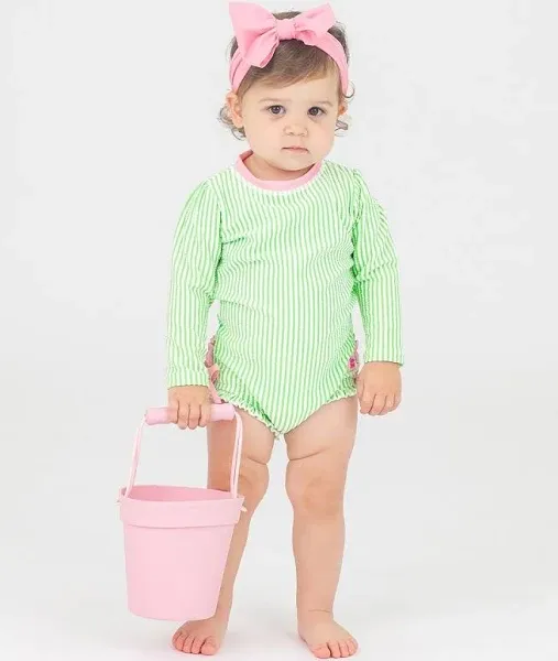 RuffleButts Seersucker Long Sleeve One Piece Rash Guard