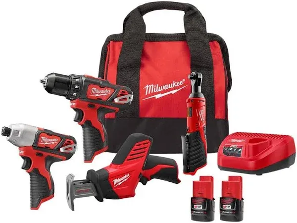 Milwaukee M12 12V Lithium-Ion Cordless 4-Tool Combo Kit 2497-24B (BRAND NEW)