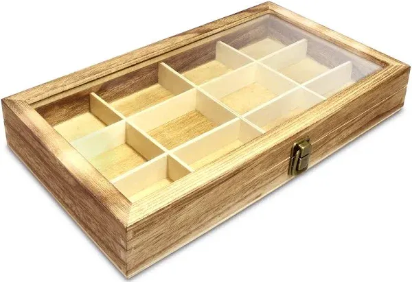 Ikee Design 12 Slots Multifunctional Glass Top Wooden Craft Supplies Organizer Jewelry Storage Case with Metal Clasp