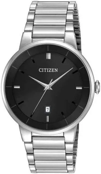 Stainless Steel Quartz Watch with Black Dial WR50 by Citizen