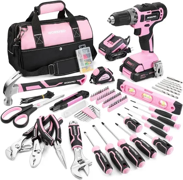 WORKPRO Pink Household Tool Kit with Drill, 157PCS Set 20V 