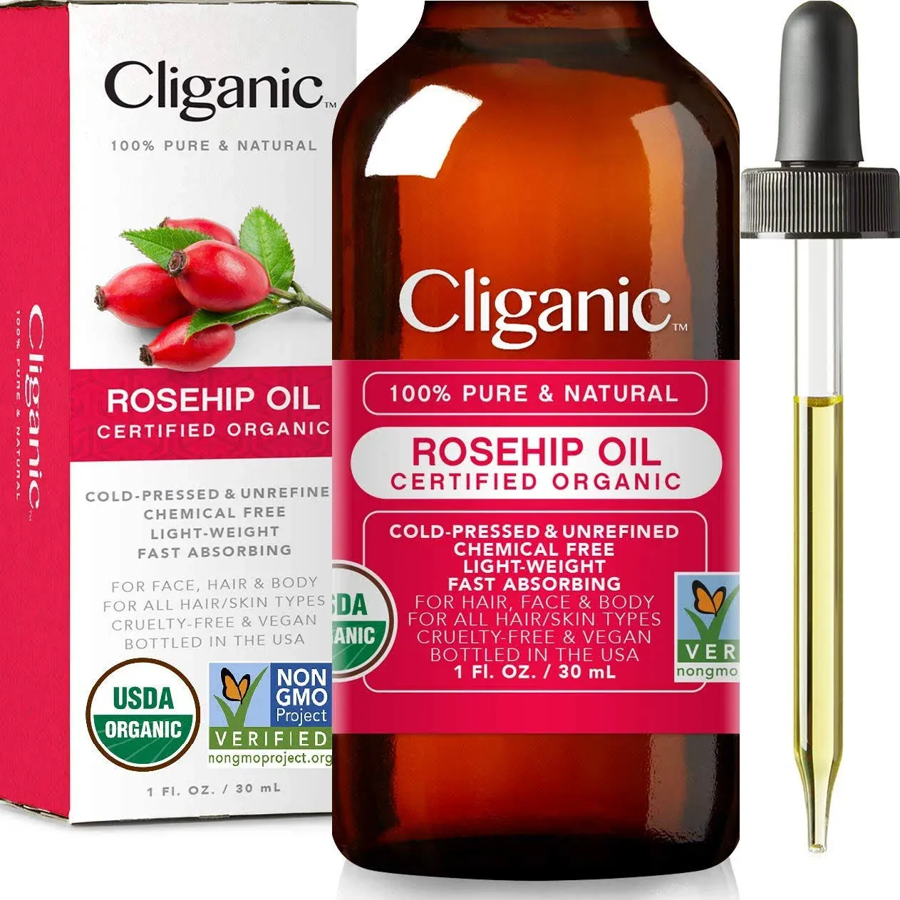 Cliganic USDA Organic Rosehip Oil For Face 100 Pure Natural Cold Pressed Unrefined