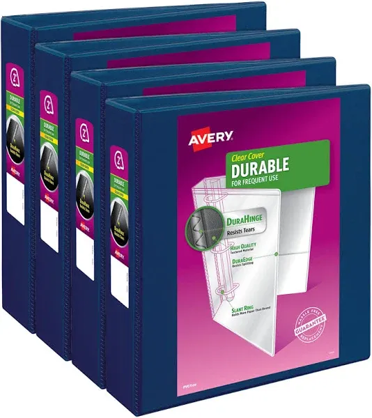 Avery Durable View 3 Ring Binders, 2 Inch Slant Rings, 530-Sheet Capacity, DuraHinge, 2.8 Inch Wide Spine, Customizable Clear Covers and Spine, Dark Blue Binders (4-Pack of 17034)