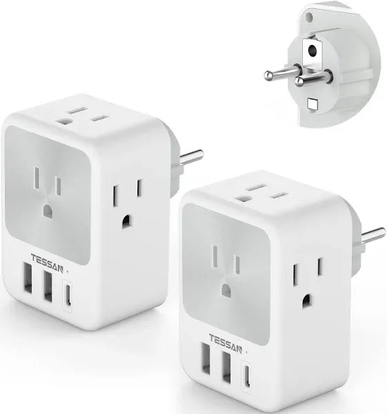 2 Pack European Travel Plug Adapter USB C,  US to Europe Plug white gray