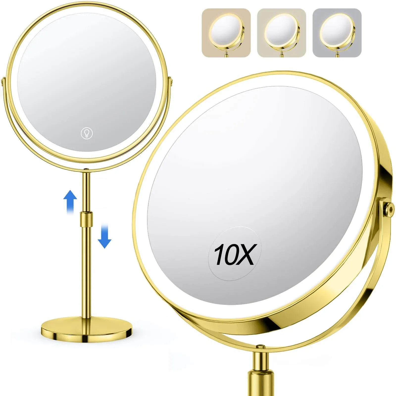 10X Large Lighted Makeup Mirror, Rechargeable 8" Height Adjustable Vanity Mirror, 1x/10x Magnifying Mirror with 3 Color, Brightness Adjustable, 360° Rotation Double Sided Mirror, Ideal Gift(Gold)