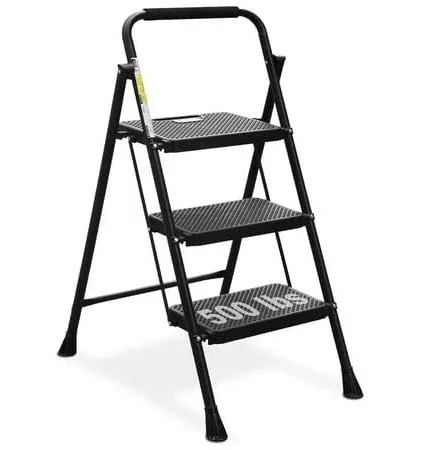 3 Step Folding Ladder - 500Lbs Steel Step Stool with Wide Anti-Slip Pedals, Hand