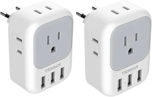 European Travel Plug Adapter 2 Pack TESSAN US to Europe Wall Power Adapter