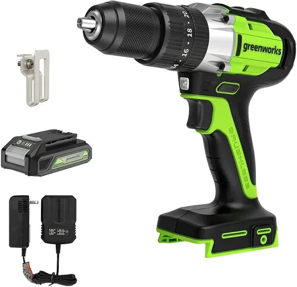 Greenworks 24V Cordless Brushless Hammer Drill 530 in./lbs Torque Battery Charger