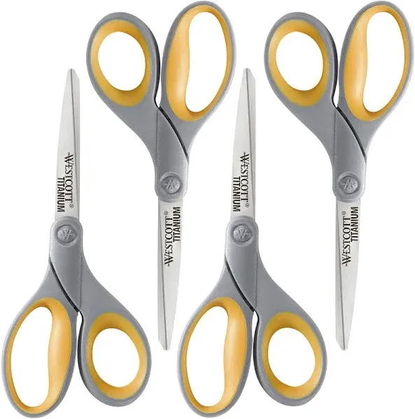 Westcott 8" Soft Handle Titanium Bonded Scissors for Office & Home, Gray/Yellow, 4 Pack (17598)