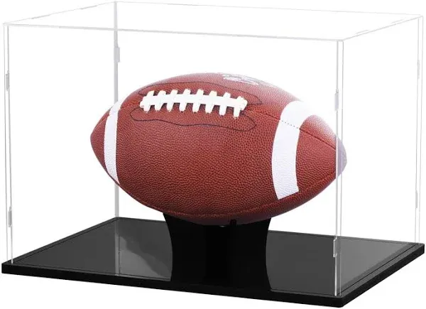 Football Display Case Full Size，Memorabilia Display Box Cases for Football or Memorial Sports Gloves，Acrylic Clear Box with Wood Stand Solid Base