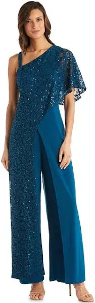 R &amp; M Richards Lace Jumpsuit Size 10 Navy Blue One Shoulder NWT