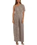 Women&#39;s Lace and Sequin Embellished Asymmetric Evening Jumpsuit