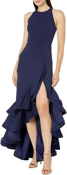 Betsy & Adam Tiered Ruffles Scuba Crepe Gown - Navy - Size 8