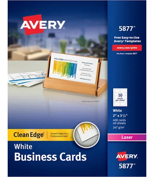 Avery® Clean Edge Business Cards, Laser, 2 x 3.5, White, 400 Cards, 10 Cards/Sheet, 40 Sheets/Box (AVE5877)