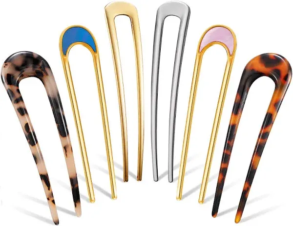 Chuangdi 6 Pieces U Shaped Hairpin French Style Hair Stick Tortoise Shell Hair Pin Metal Hair Pin Fork Sticks 2 Prongs Updo Chignon Pins for Women Girls