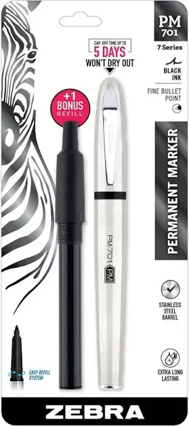 Zebra Pen PM-701 Permanent Marker, Stainless Steel Barrel, Fine Bullet Tip, Black Ink, Refillable, 1-Pack, 7.5" x 2.3" x 0.6"