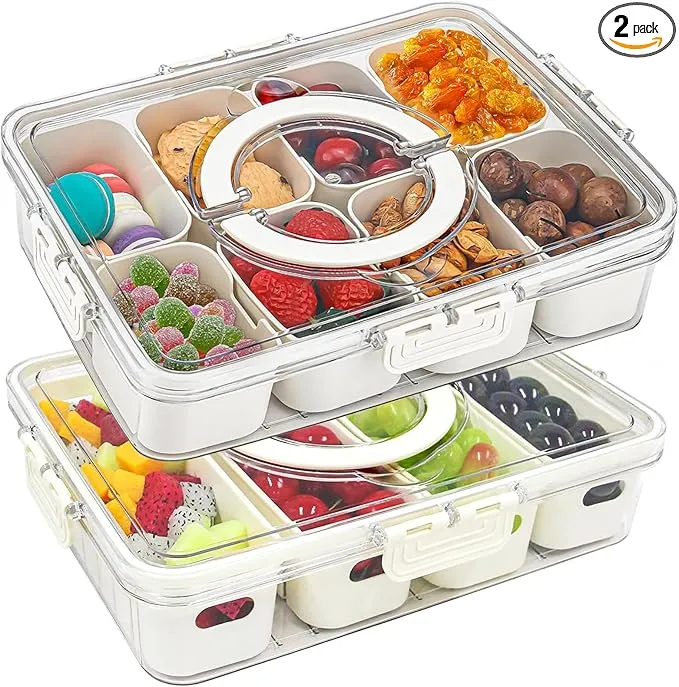 2 Pack Divided Serving Tray with Lid and Handle, 12 Compartments Snackle Box 