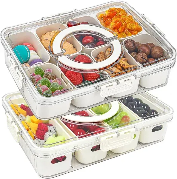 2 Pack Divided Serving Tray with Lid and Handle, 12 Compartments Snackle Box 