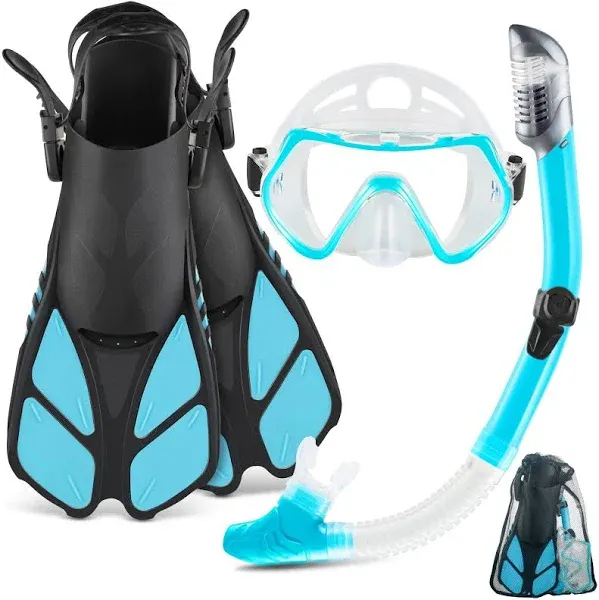 ZEEPORTE Mask Fin Snorkel Set with Adult Snorkeling Gear Panoramic View Diving Mask Trek Fin Dry Top Snorkel +Travel Bags Snorkel for Lap Swimming