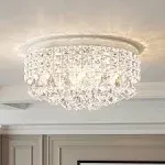 Maxax 4 Lights Crystal Chandelier Modern Drum Ceiling Light Fixture Lamp Raindrop Flush Mount Round Metal Shade for Dining Room Living Room