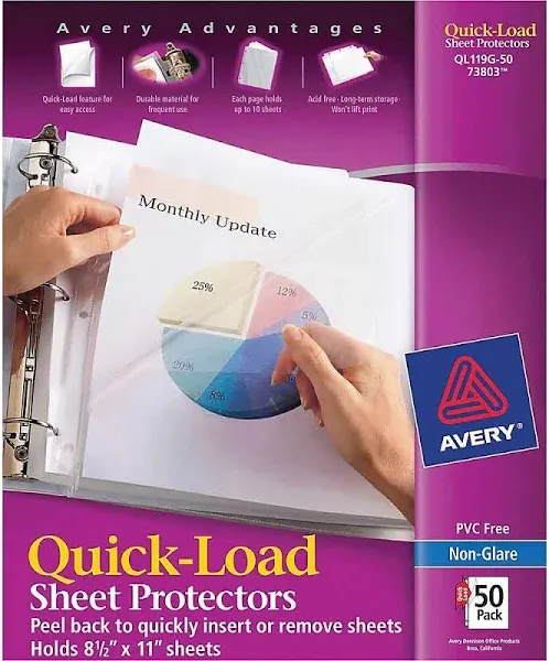 Avery Clear Quick Load Sheet Protectors, Non-Glare, Top & Side Load, 50 Document Protectors (73803)