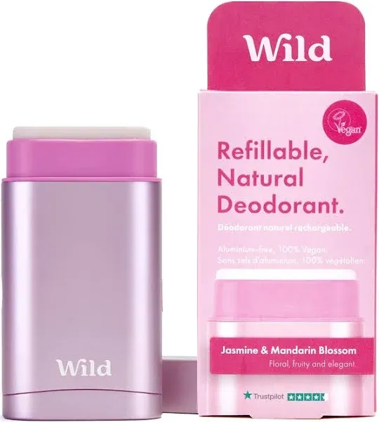 Wild - Natural Refillable Deodorant - Vegan & Eco-Friendly - Aluminum Free - Long Lasting Protection - 100% Natural Ingredients - Starter Kit - Pink Case, Jasmine & Mandarin Blossom Refill - 1.4oz