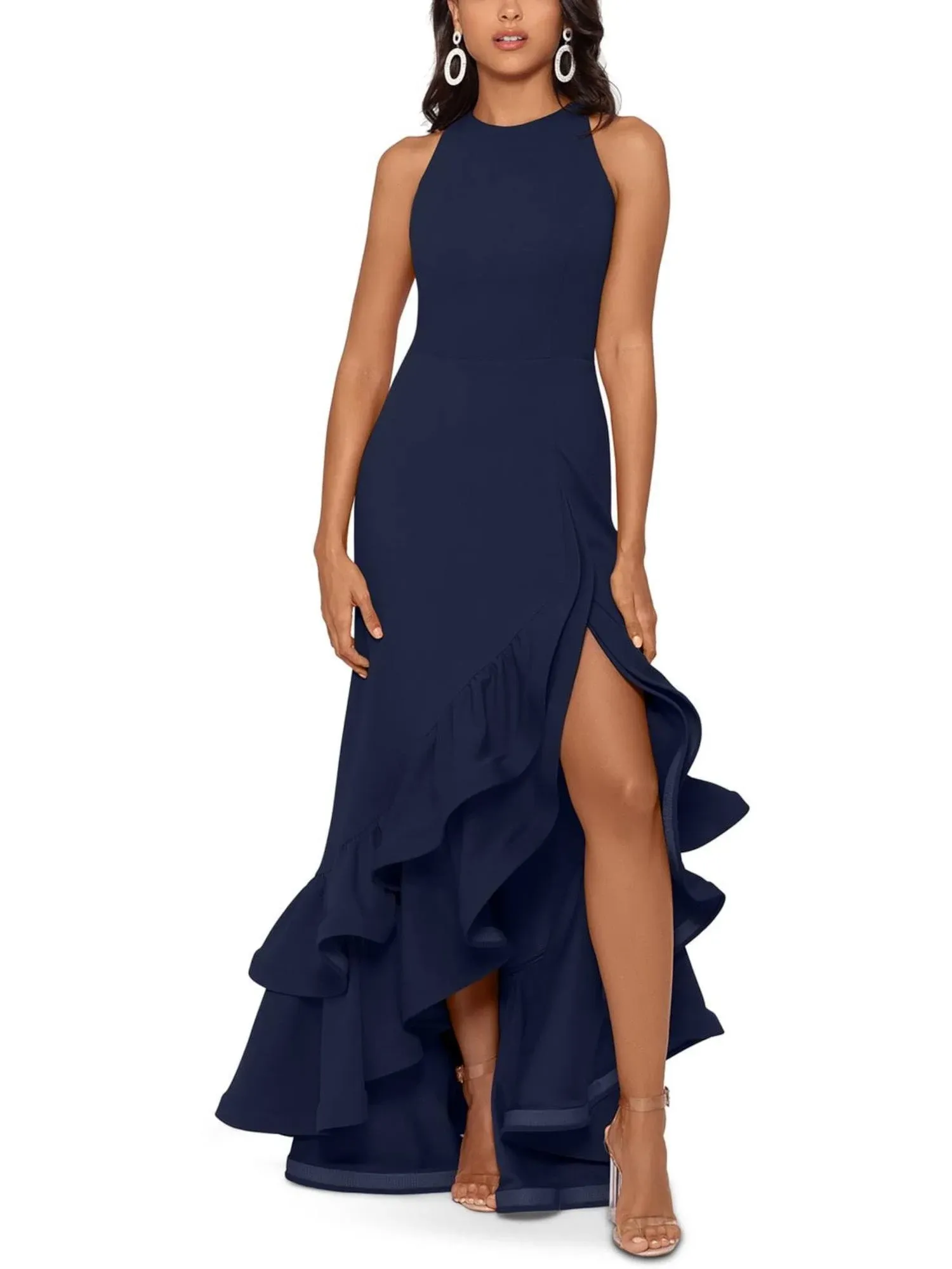 Betsy & Adam Tiered Ruffles Scuba Crepe Gown - Navy - Size 8