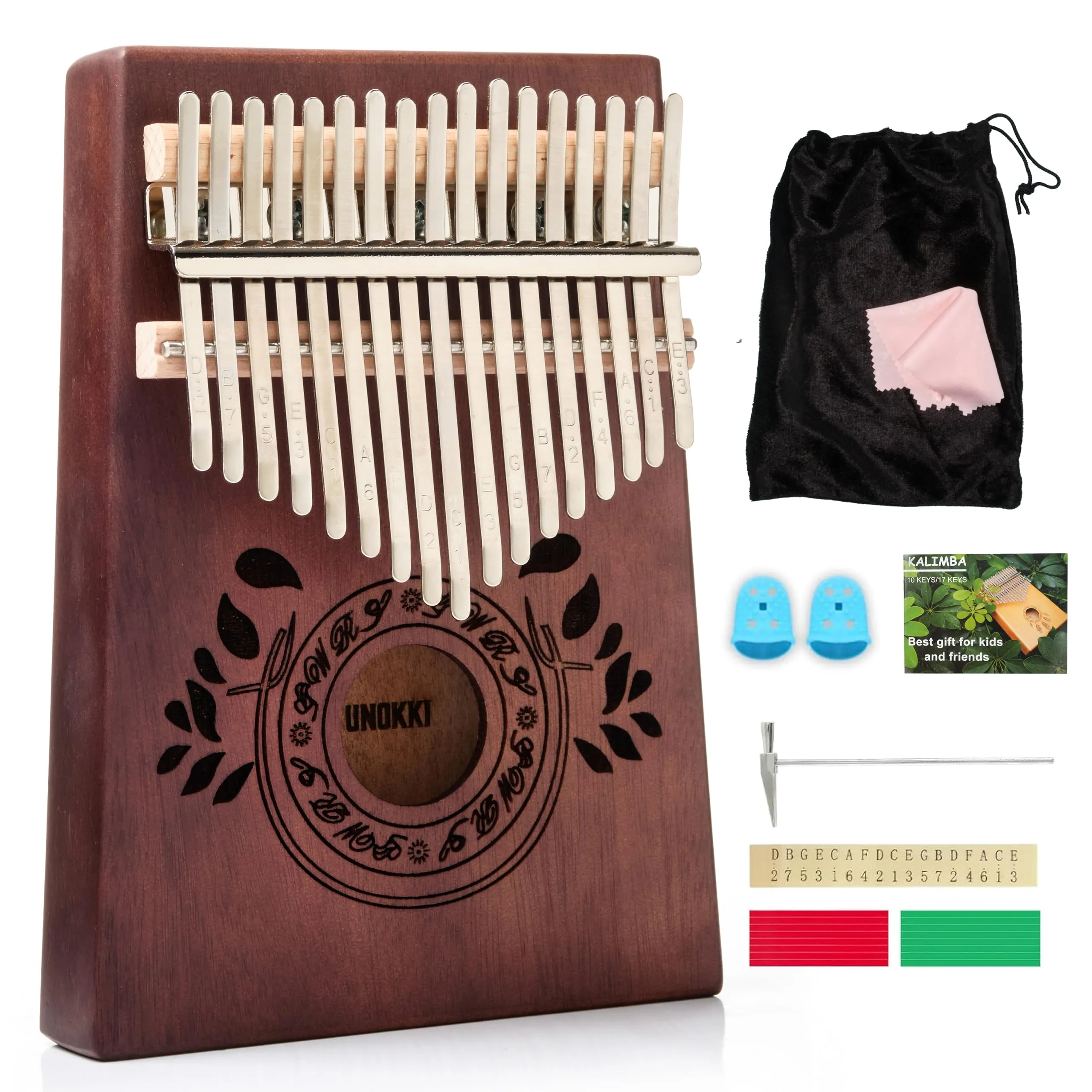 UNOKKI Kalimba 17 Key Thumb Piano, Portable Mahogany Mbira Finger Piano with Instruction, Carrying Bag, Tune Hammer, Holiday Gift for Kids & Adults on Christmas & Thanksgiving (Chocolate Brown)