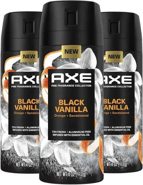 Axe Fine Fragrance Collection Premium Body Spray Black Vanilla with Orange + Sandalwood 3 Count with 72H Odor Protection Aluminum-Free 4 oz