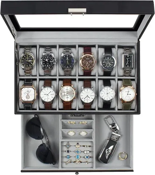 12-Slot Watch Box with Large Glass Lid - Black Synthetic Leather Watch Organizer