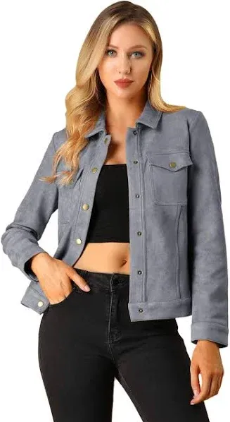 Allegra K Women's Turn-Down Collar Flap Pocket Snap Button Faux Suede Jacket