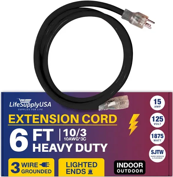 6ft Power Outdoor Extension Cord & Indoor - Waterproof Electric Drop Cord Cable - 3 Prong SJTW, 10 Gauge, 15 AMP, 125 Volts, 1875 Watts, 10/3 ETL Listed, by LifeSupplyUSA - Black (1 Pack)