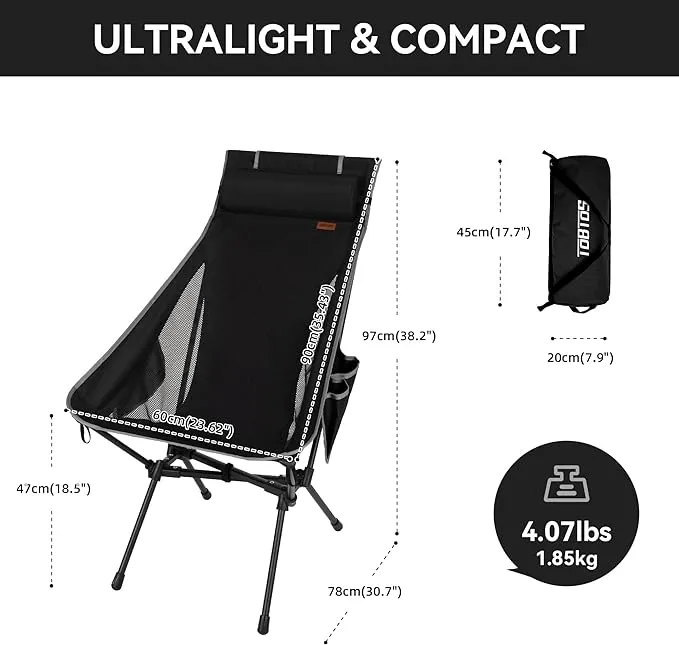 TOBTOS Portable High Back Camping Chair, Support Heavy Duty 440 lbs, Compact Folding Chair with Detachable Pillow for Camp, Hiking, Backpacking (Black)