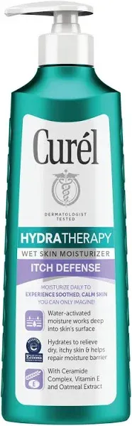 Curel Hydra Therapy, Itch Defense Moisturizer, Wet Skin Lotion, 12 Ounce, with Advanced Ceramide Complex, Vitamin E, & Oatmeal Extract, Helps to Repair Moisture Barrier