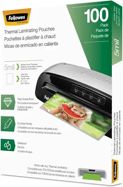 Fellowes® Laminating Pouches, 5 mil, 9" x 11.5", Gloss Clear, 100/Pack (FEL5743501)