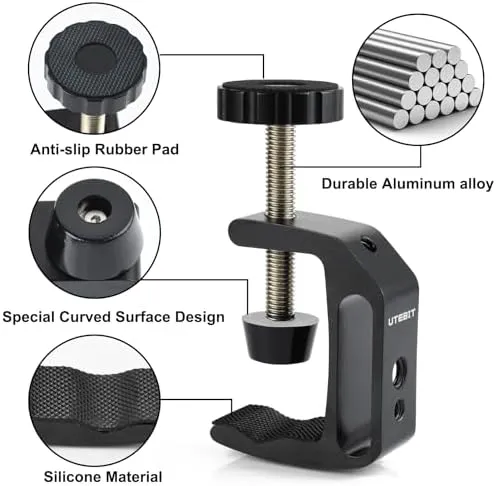 UTEBIT Small C Clamps with 1/4" and 3/8" Thread Hole for Desktop Mount Tables Desk Clamps Aluminum Support 2 Pack