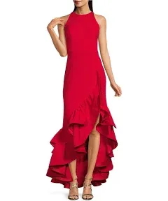 Betsy & Adam Ruffle Halter Crepe Gown