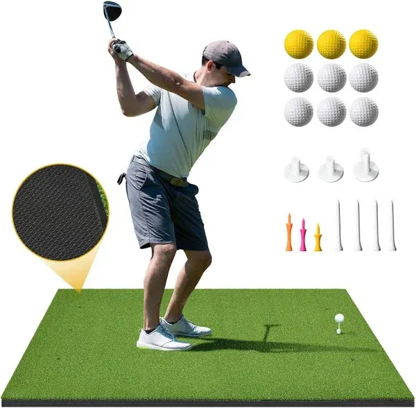 DWVO Golf Hitting Mat, 5×4ft/5×5ft Golf Mats Practice Outdoor/Indoor Golf Mat Top-Notch Artificial Turf Golf Mat Thick with 9 PU Balls+3 Rubber Tees+7 Golf Tees, Anti-Slip Bottom Golf Training Mats