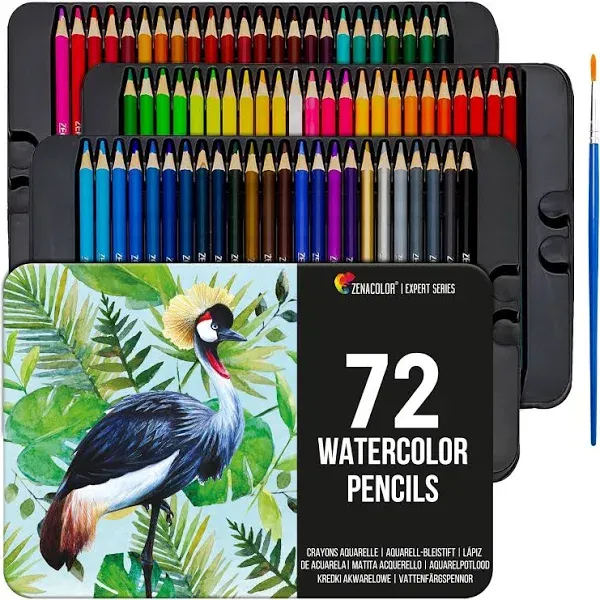 Zenacolor 72 Watercolor Pencils Professional Set, w/Brush &amp; Metal Box