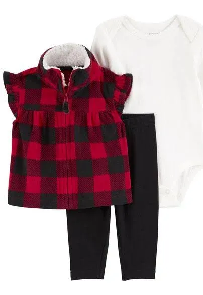 Carter's Baby Girl 3-Piece Buffalo Check Fleece Vest Set