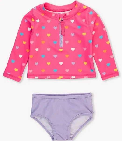 RuffleButts® Baby/Toddler Girls Long Sleeve Rash Guard 2 Piece Swimsuit Set w/UPF 50+ Sun Protection with Zipper