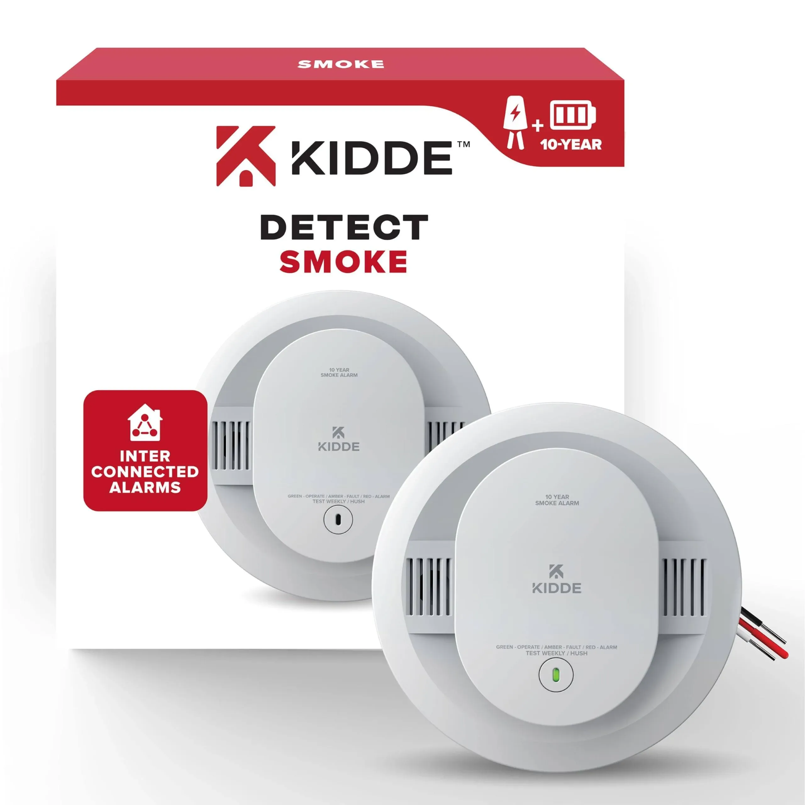 Kidde Hardwired Smoke Detector, 10-Year Battery Backup, Interconnectable, LED Warning Light Indicators