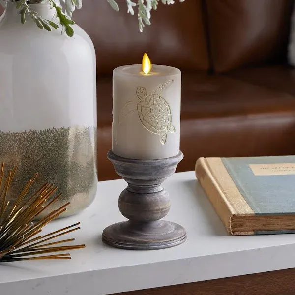 Luminara Grey Flameless LED Candle with Debossed Sea Turtle Moving Flame Pillar (3" x 4.5"), Unscented Real Wax with Recessed Edge, Battery Operated Candle Lights