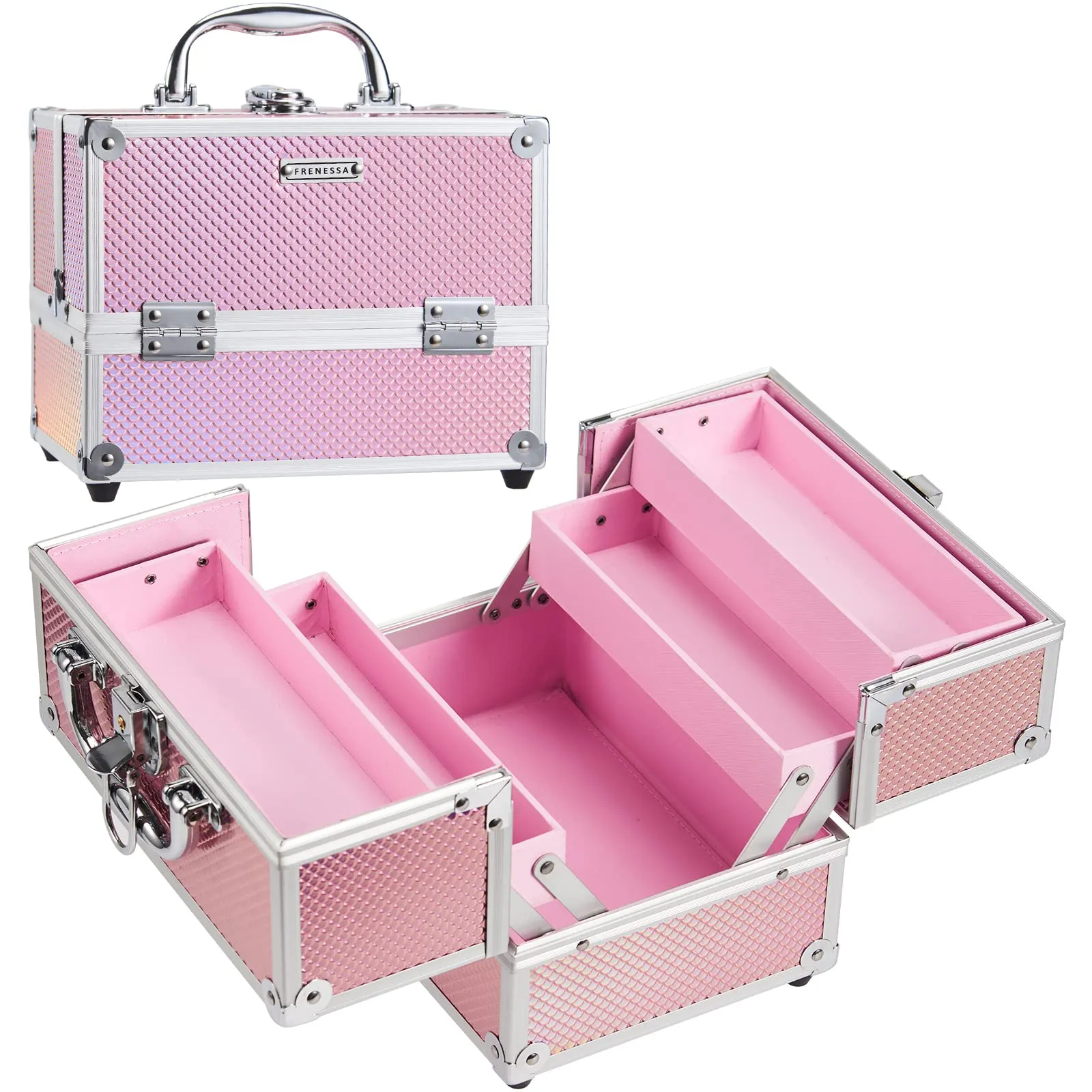 Makeup Train Case Beauty Cosmetic Box 4 Tier Trays Jewelry Storage Organizer wit