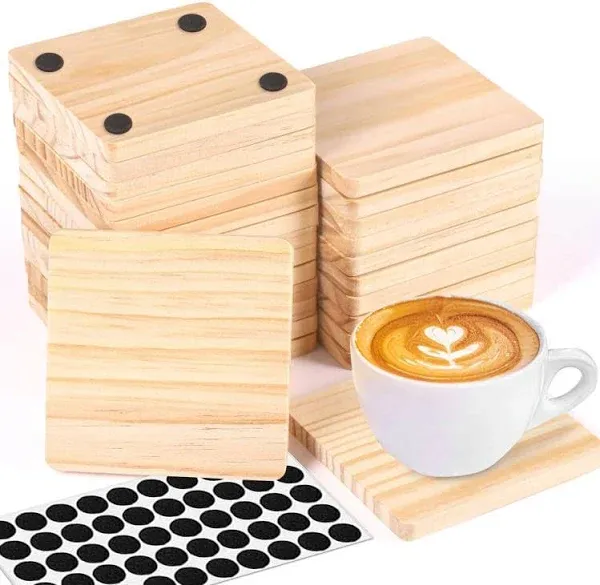 Aweyka 26 Pack Unfinished Wood Coasters 4 Inch Square Blank Wooden Coasters Crafts Coasters with Non-Slip Silicon Dots for DIY Architectural Models