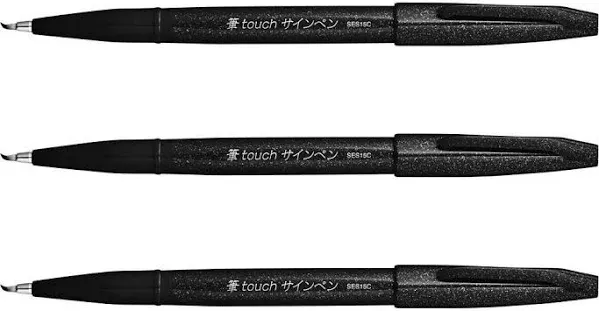 Pentel Fude Touch Sign Pen, Black, Felt Pen Like Brush Stroke (SES15C-A) 3 Pieces