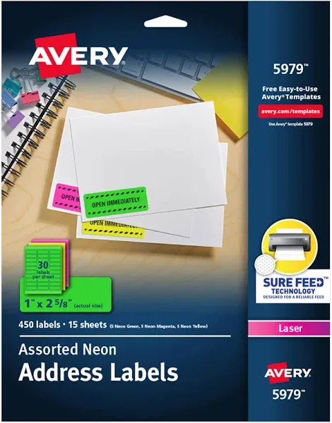 Avery High-Visibility Permanent ID Labels Laser 1 x 2 5/8 Asst. Neon 450/Pack  | eBay